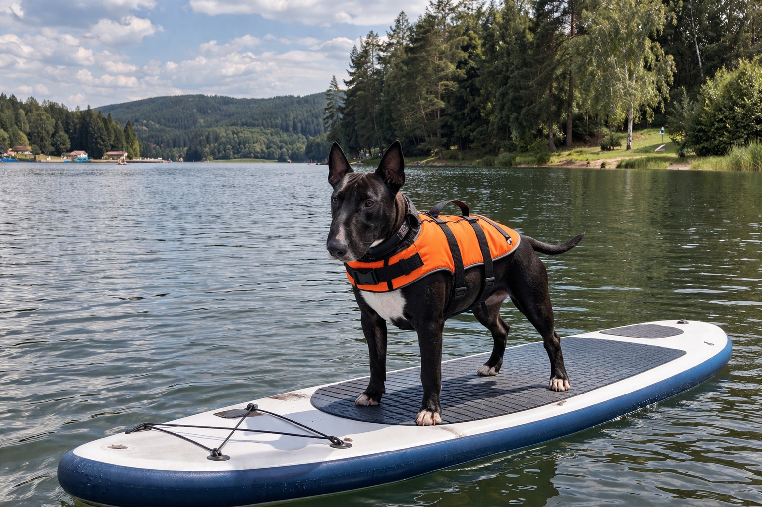 Bulteriér na paddleboardu01